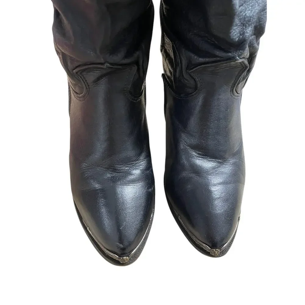 Zodiac Boots Womens 7.5 M Heeled Slouch Black Leather Metal Tip Pull On